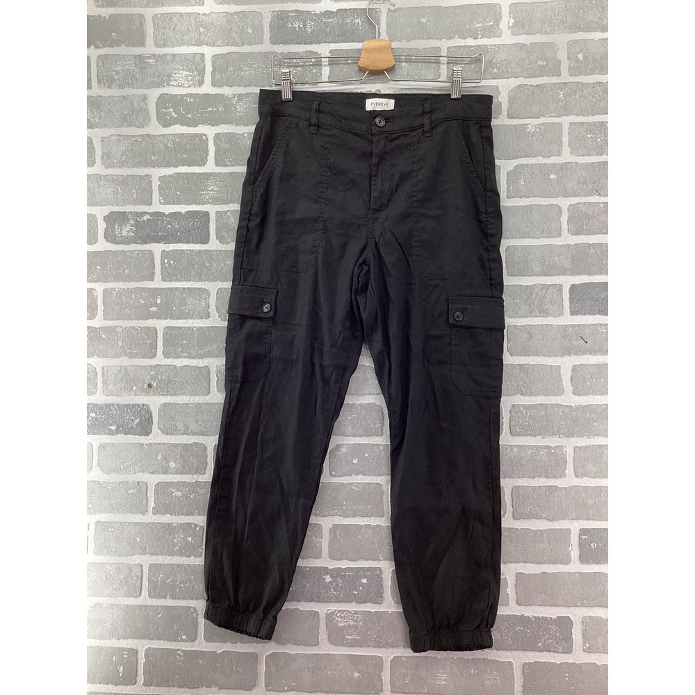 Evereve Black Linen Blend Cargo Jogger Pants Women Size 30 Utility